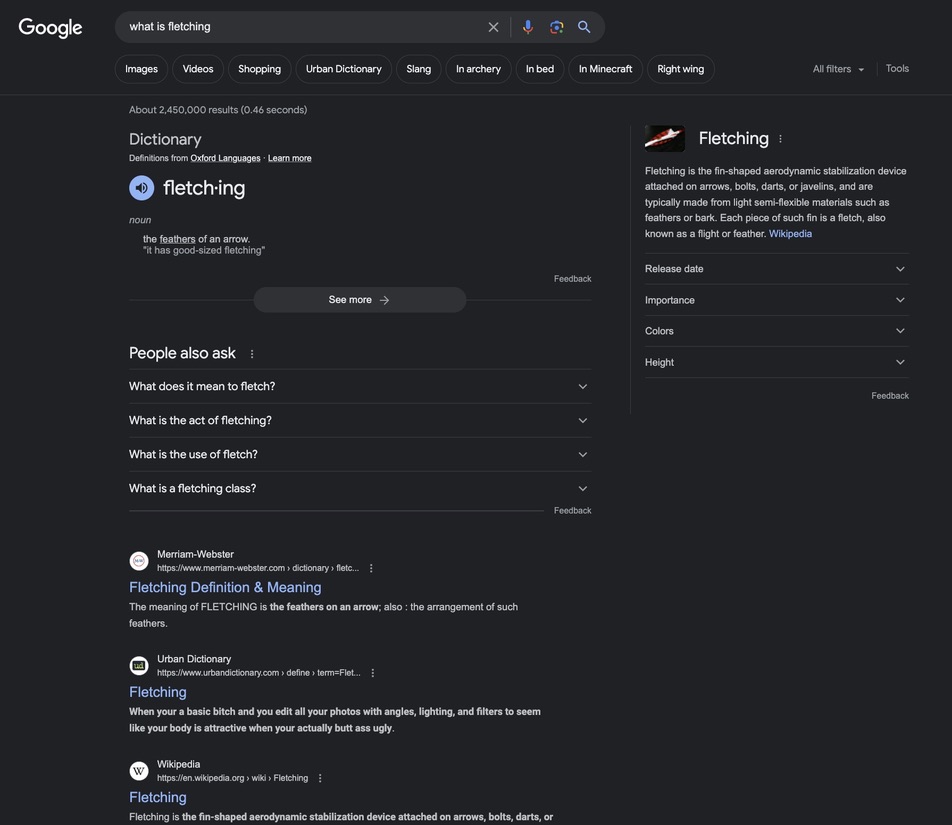 Informational intent SERP for the keyword 'fletching'