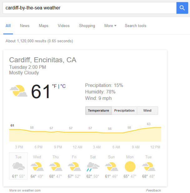 The word "weather' in the query triggers a rich snippet.