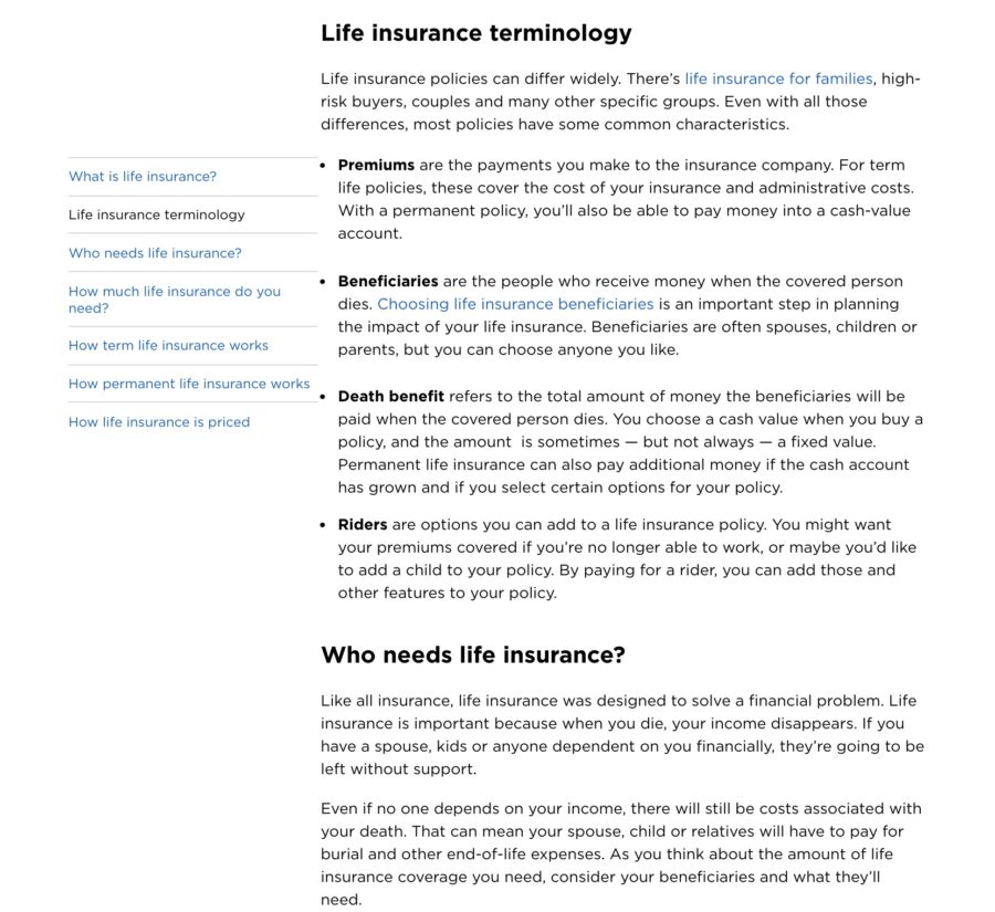 Example of good content structure in a web page about life insurance.