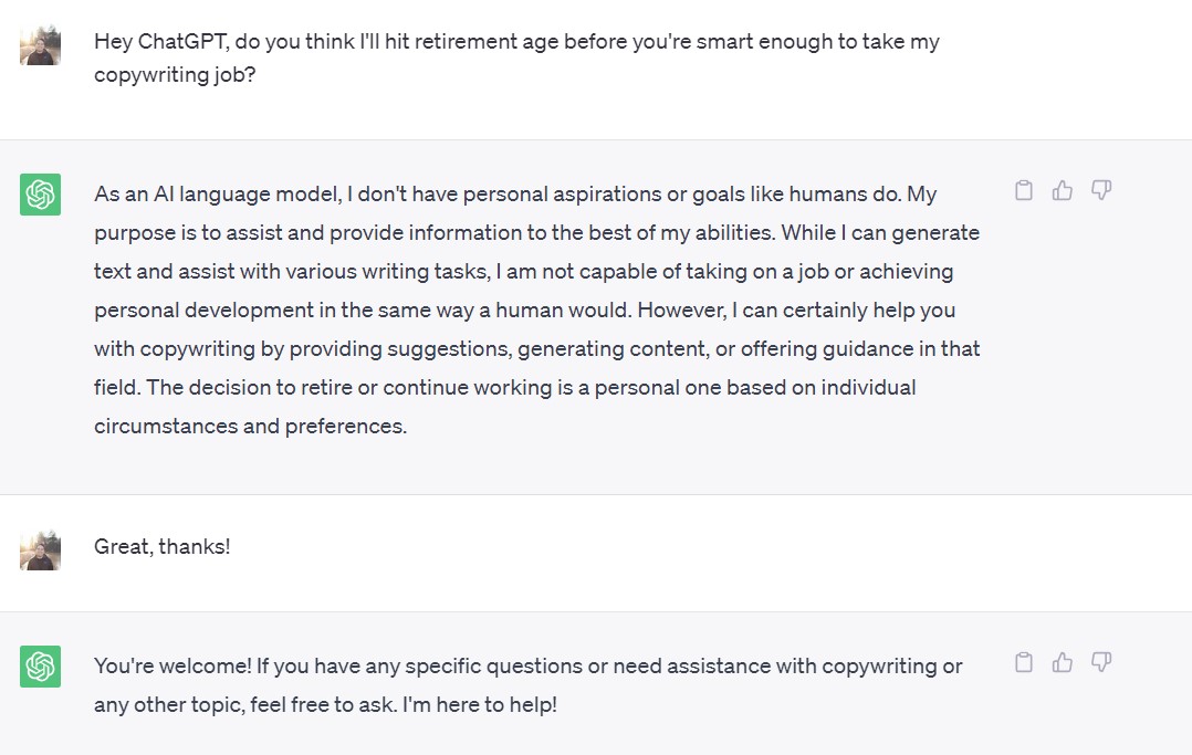 A copywriter asks ChatGPT if it will take his retirement.
