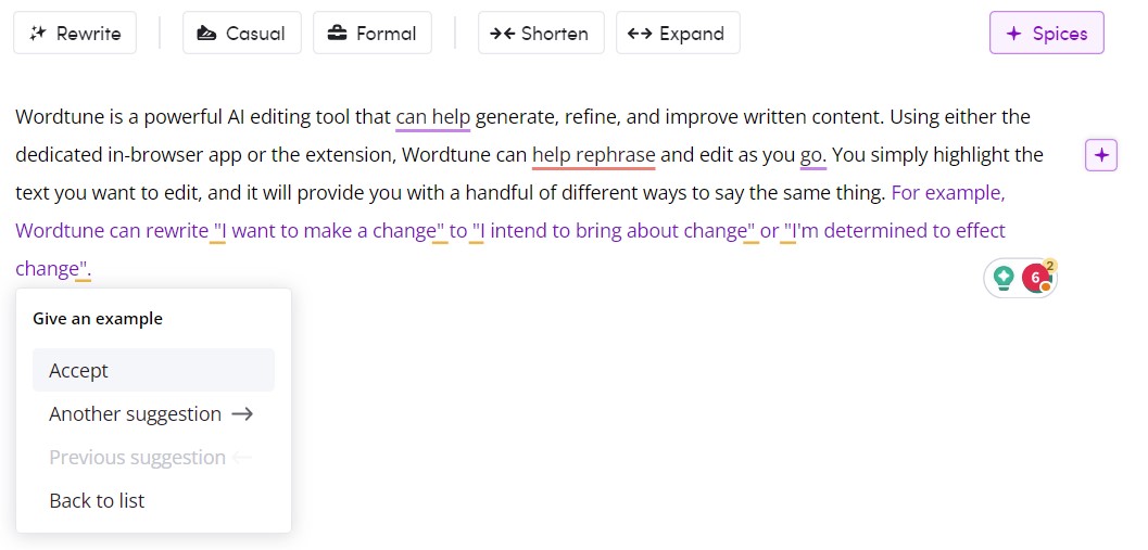 The Wordtune app creating an example.