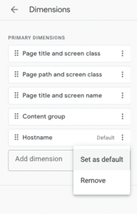 the dimensions list for setting Hostname as the default dimension 