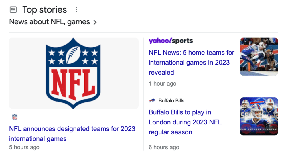 NFL top stories listed on search result pages.